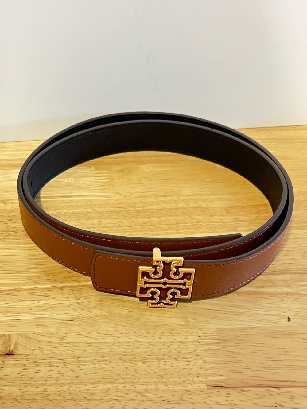 Tory Burch Brown/Black Reversible Logo Buckle Belt - Gold Hardware